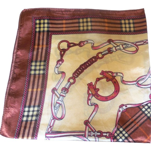 Vintage Scarf 19"x19" small square satin neckerchief red-tan-brown - Picture 2 of 6